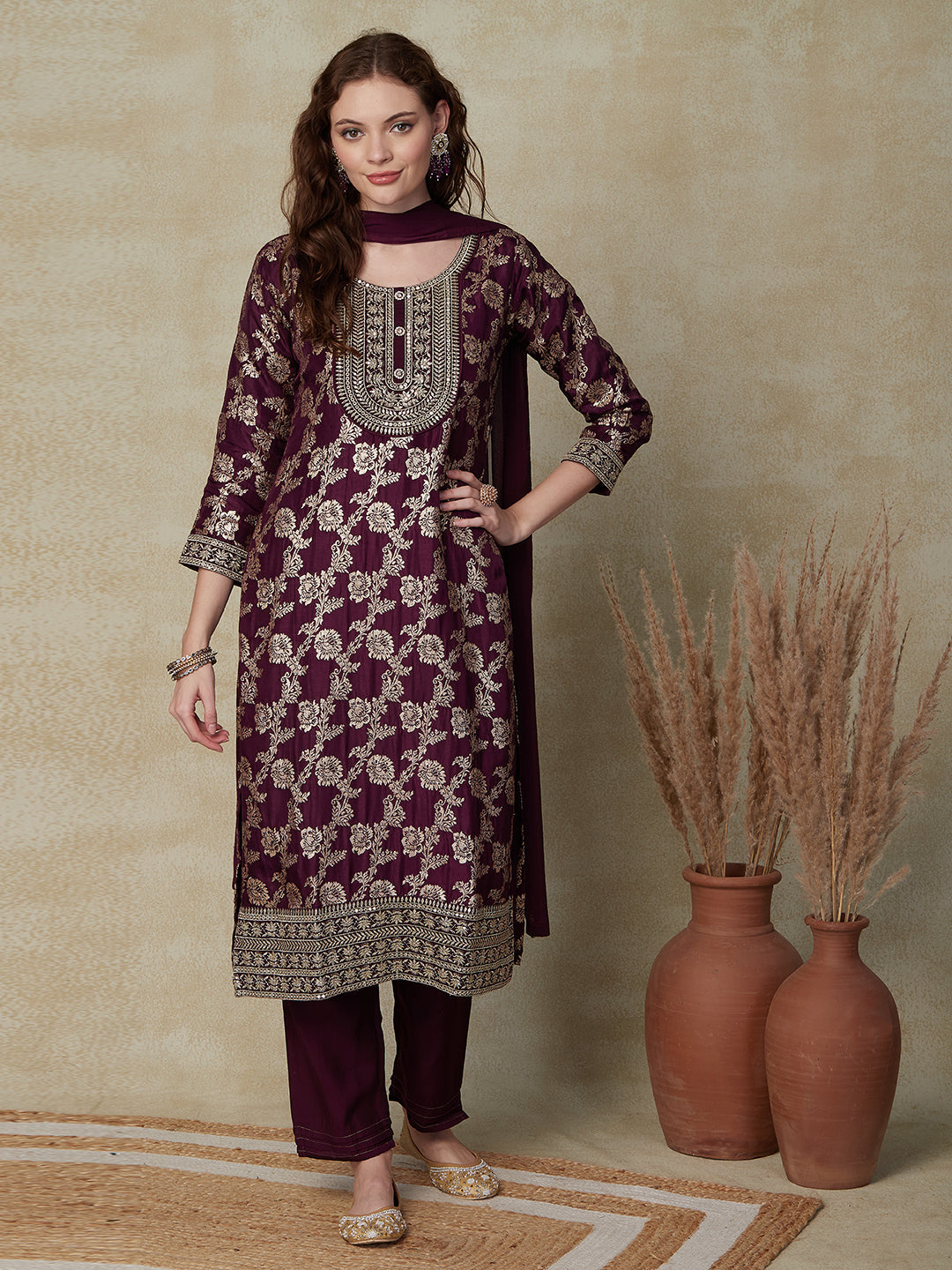 Woven Zari Jacquard Stones, Sequins & Zari Embroidered Kurta with Pants & Dupatta - Mauve