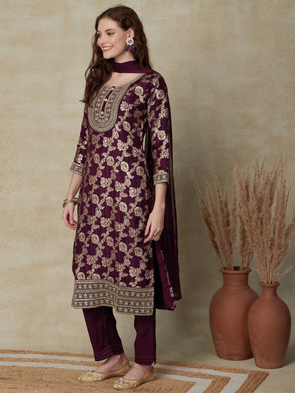 Woven Zari Jacquard Stones, Sequins & Zari Embroidered Kurta with Pants & Dupatta - Mauve