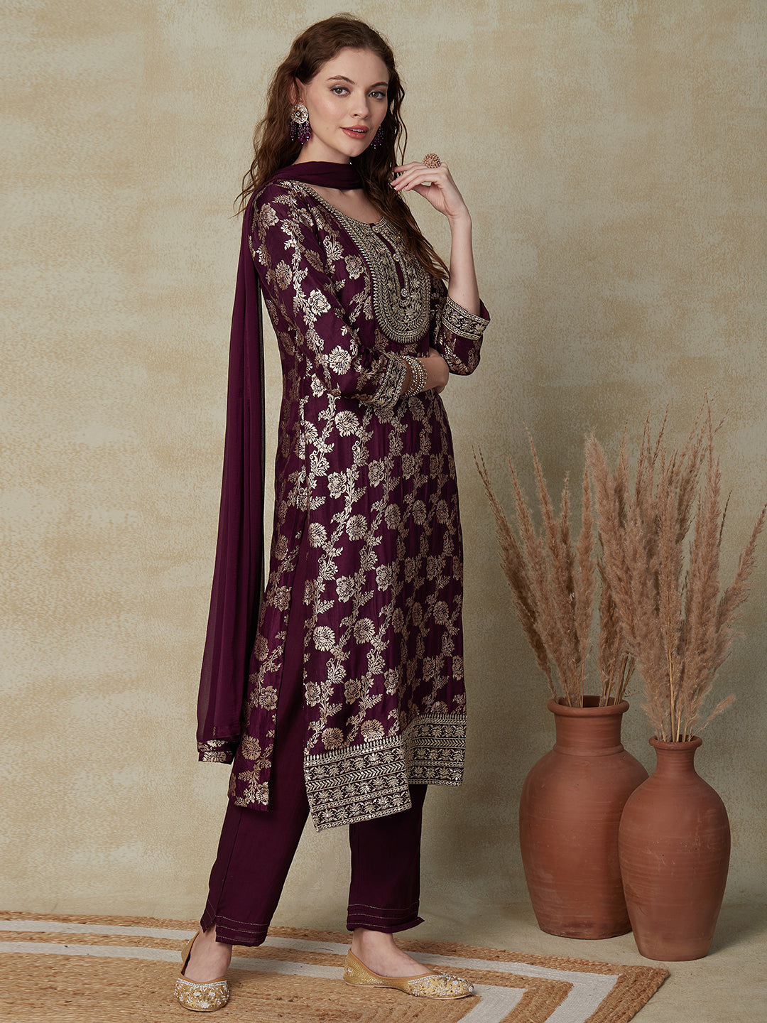 Woven Zari Jacquard Stones, Sequins & Zari Embroidered Kurta with Pants & Dupatta - Mauve