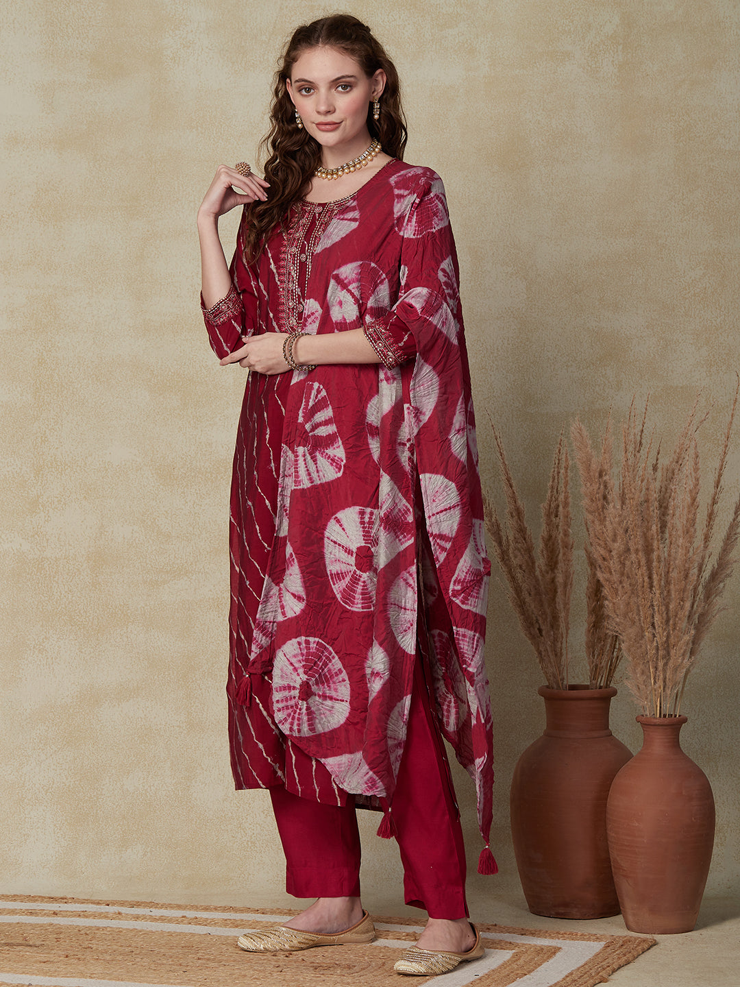 Lehriya Printed Resham & Zari Embroidered Kurta with Pants & Tie-Dye Dupatta - Maroon