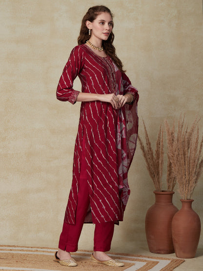 Lehriya Printed Resham & Zari Embroidered Kurta with Pants & Tie-Dye Dupatta - Maroon