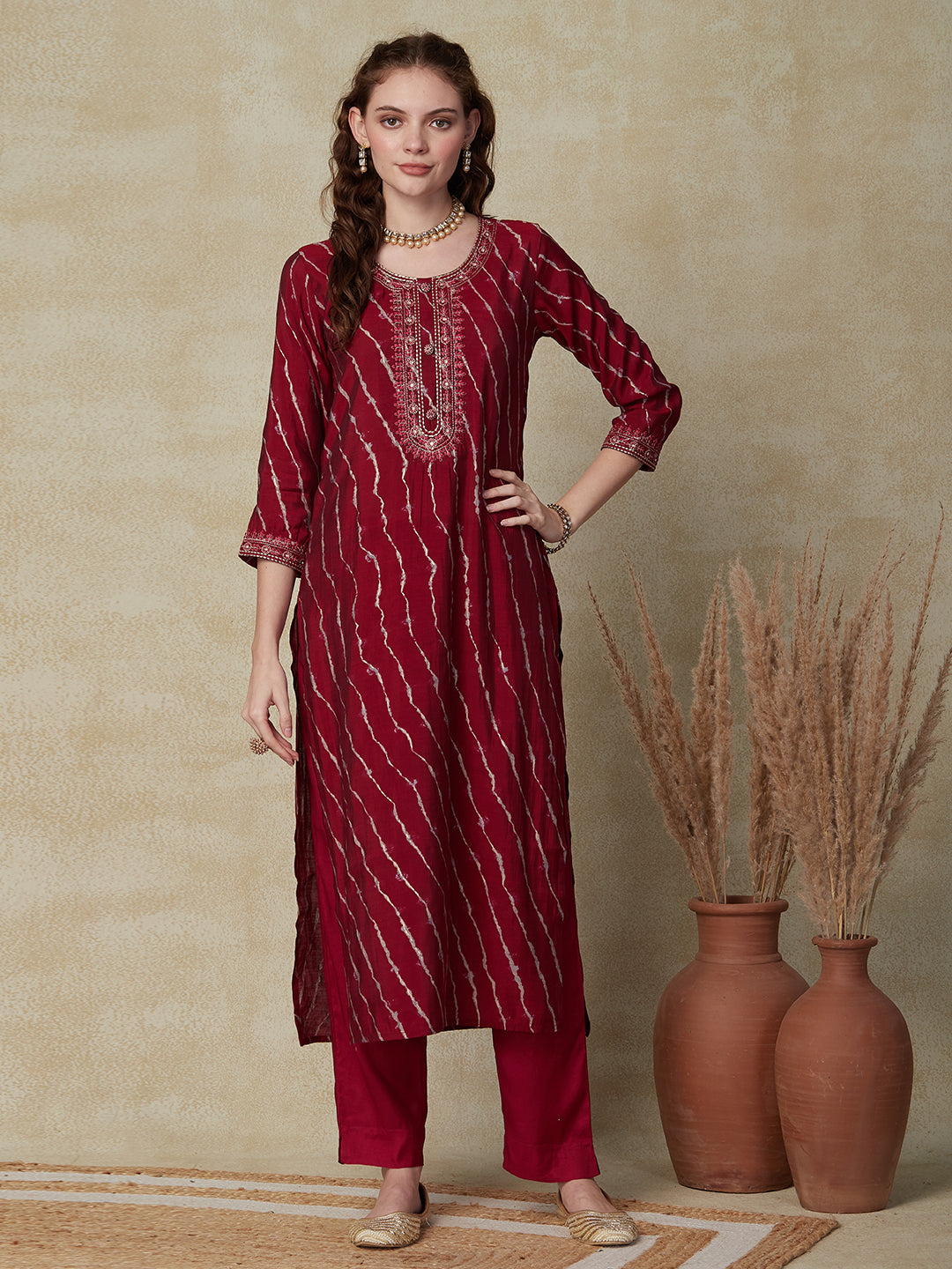 Lehriya Printed Resham & Zari Embroidered Kurta with Pants & Tie-Dye Dupatta - Maroon