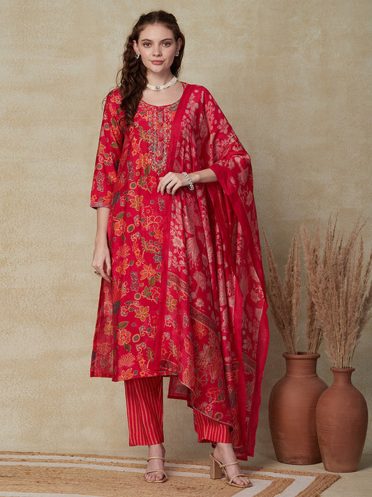 Floral Printed Cutdana, Beads & Sequins Embroidered Kurta With Pants & Dupatta - Pink