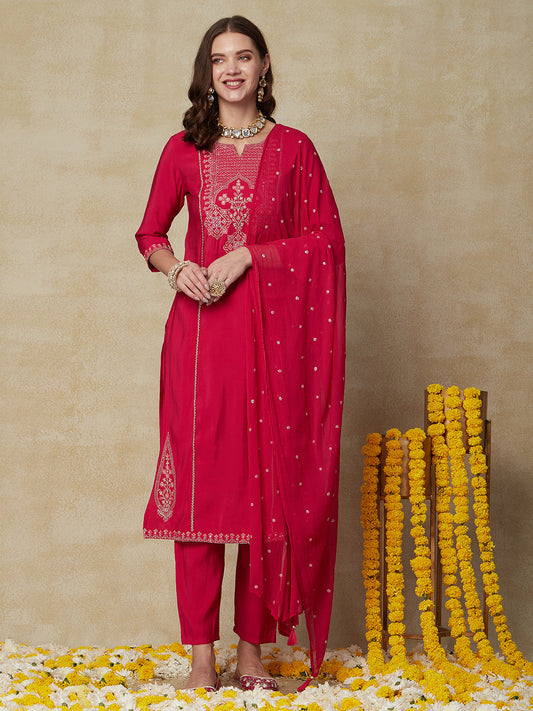 Solid Mirror, Zari & Resham Embroidered Kurta with Pants & Embroidered Dupatta - Pink