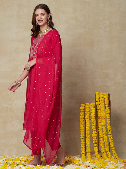 Solid Mirror, Zari & Resham Embroidered Kurta with Pants & Embroidered Dupatta - Pink