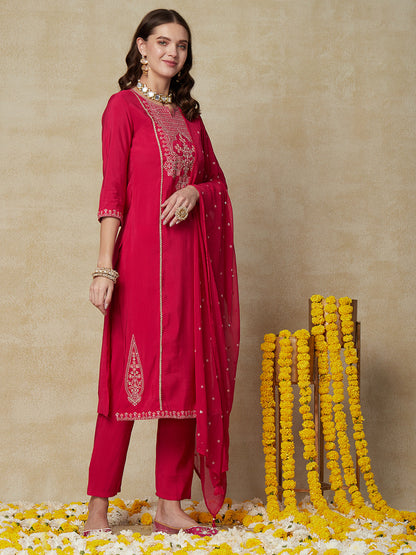 Solid Mirror, Zari & Resham Embroidered Kurta with Pants & Embroidered Dupatta - Pink