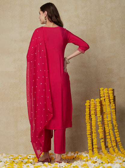 Solid Mirror, Zari & Resham Embroidered Kurta with Pants & Embroidered Dupatta - Pink