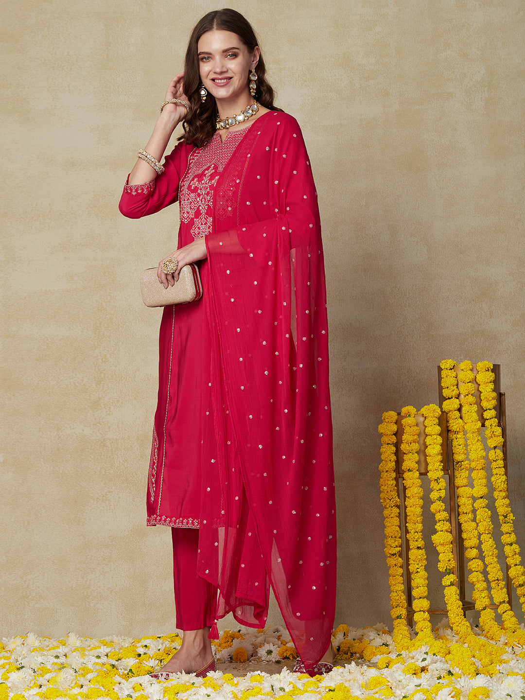 Solid Mirror, Zari & Resham Embroidered Kurta with Pants & Embroidered Dupatta - Pink