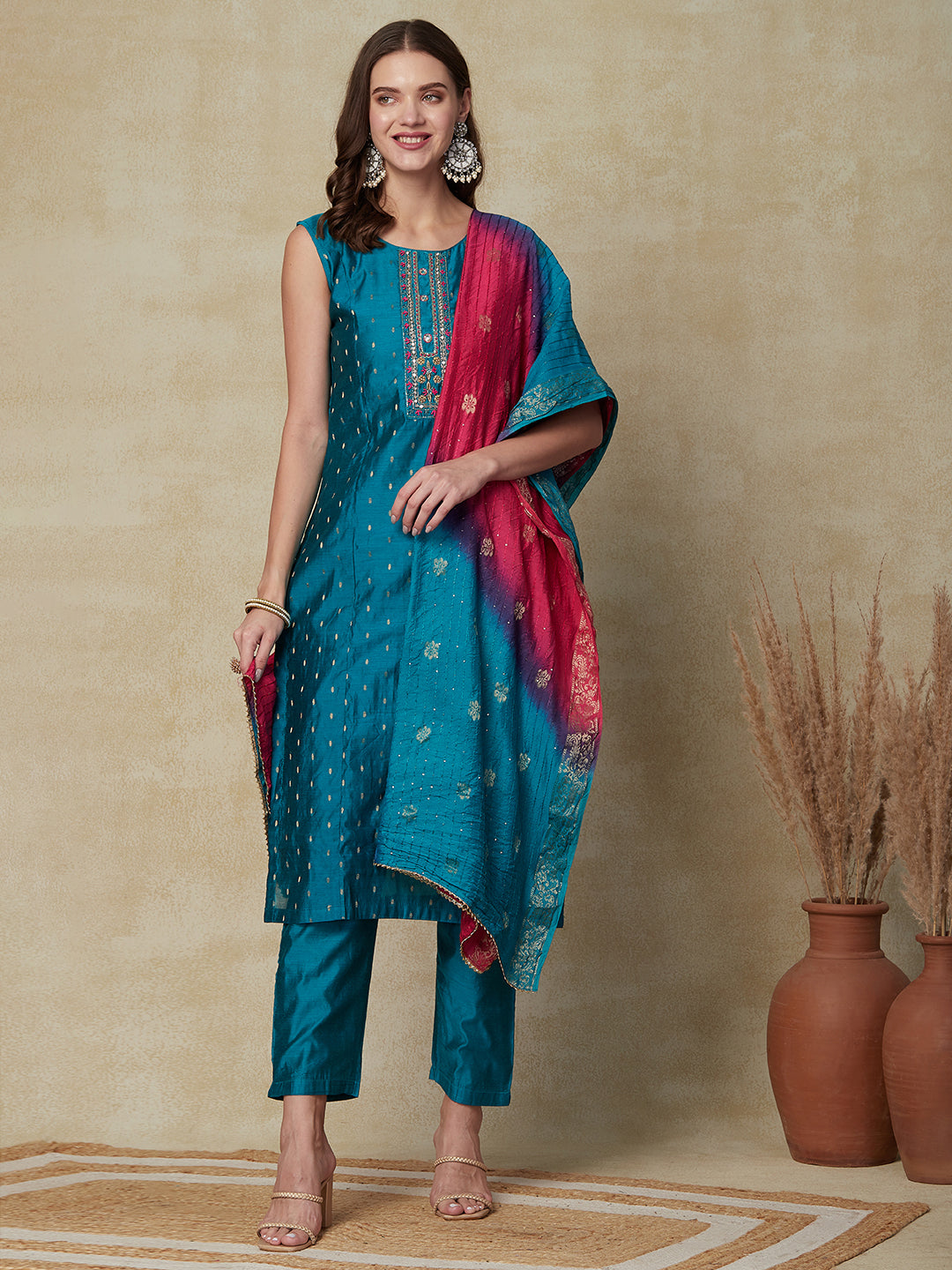 Ethnic Dobby & Embroidered Kurta with Pant & Ombre Dupatta - Turquoise Blue