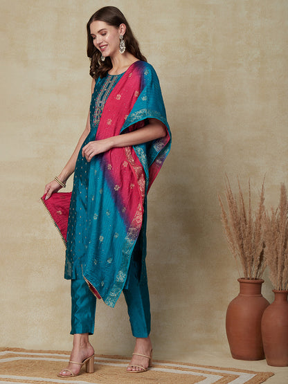 Ethnic Dobby & Embroidered Kurta with Pant & Ombre Dupatta - Turquoise Blue