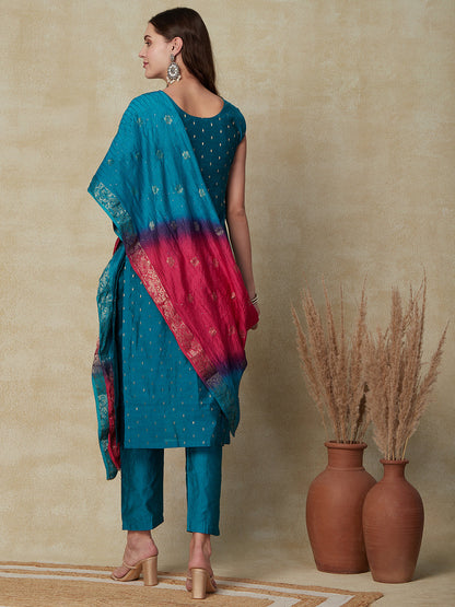 Ethnic Dobby & Embroidered Kurta with Pant & Ombre Dupatta - Turquoise Blue