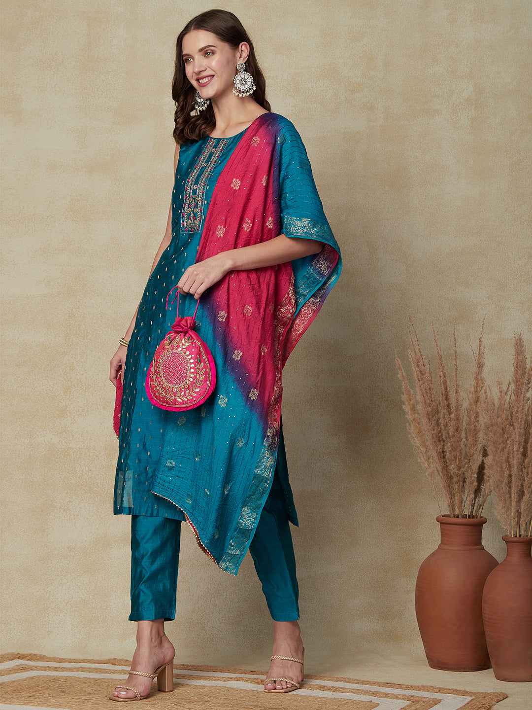 Ethnic Dobby & Embroidered Kurta with Pant & Ombre Dupatta - Turquoise Blue