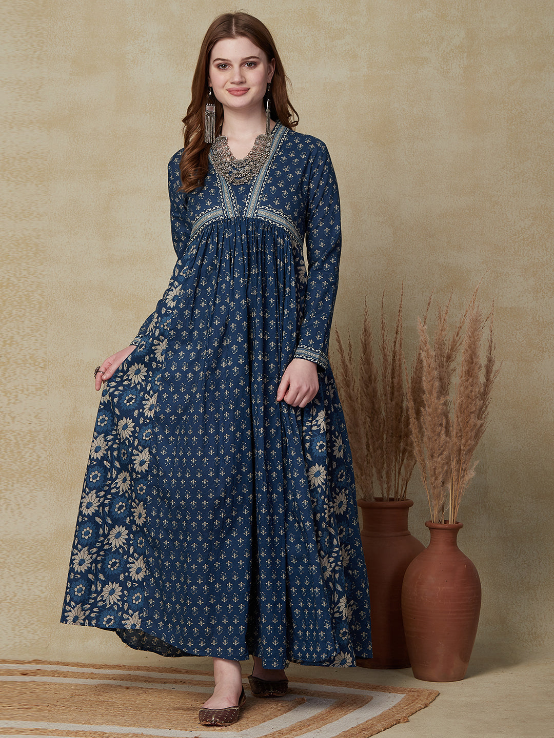 Ethnic Floral Printed & Embroidered A-Line Pleated Maxi Dress - Blue