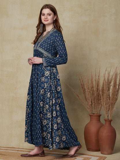 Ethnic Floral Printed & Embroidered A-Line Pleated Maxi Dress - Blue