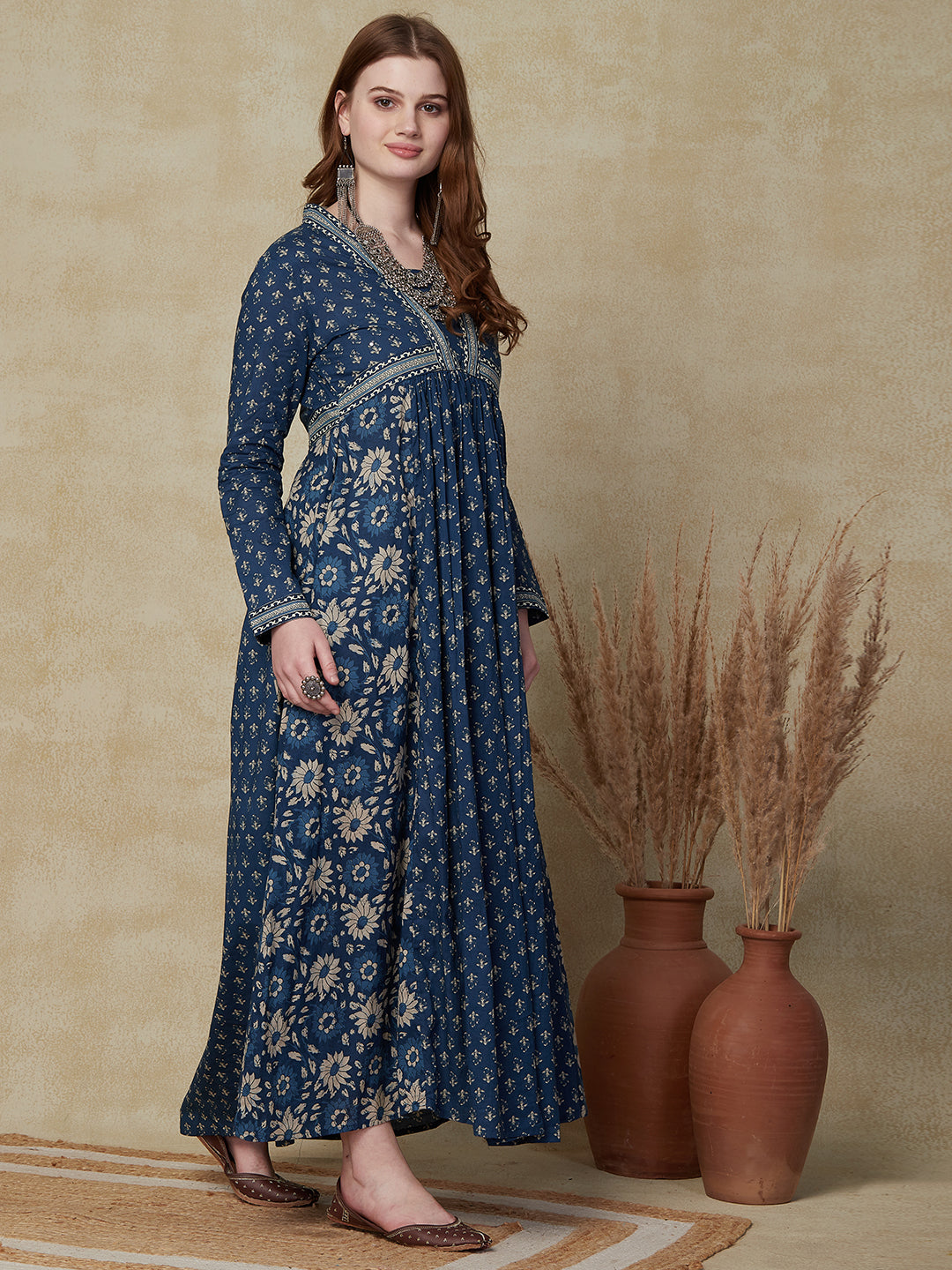 Ethnic Floral Printed & Embroidered A-Line Pleated Maxi Dress - Blue