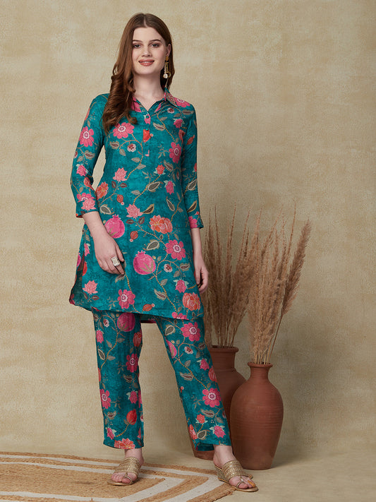 Floral Printed Cutdana Embroidered Kurti With Pants Indo-Western Co-Ord Set - Green