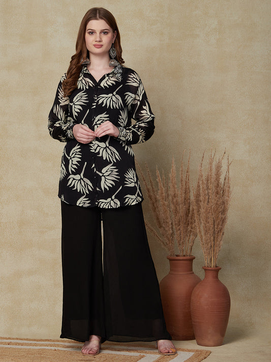 Floral Printed Mirror & Stone Embroidered Shirt With Palazzo Indo-Western Set - Black