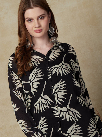 Floral Printed Mirror & Stone Embroidered Shirt With Palazzo Indo-Western Set - Black