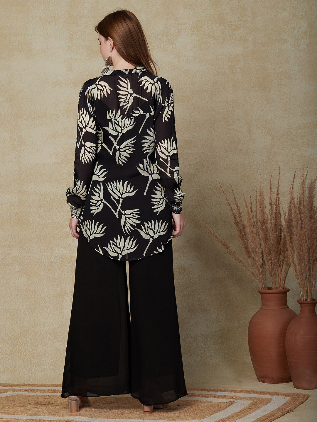 Floral Printed Mirror & Stone Embroidered Shirt With Palazzo Indo-Western Set - Black