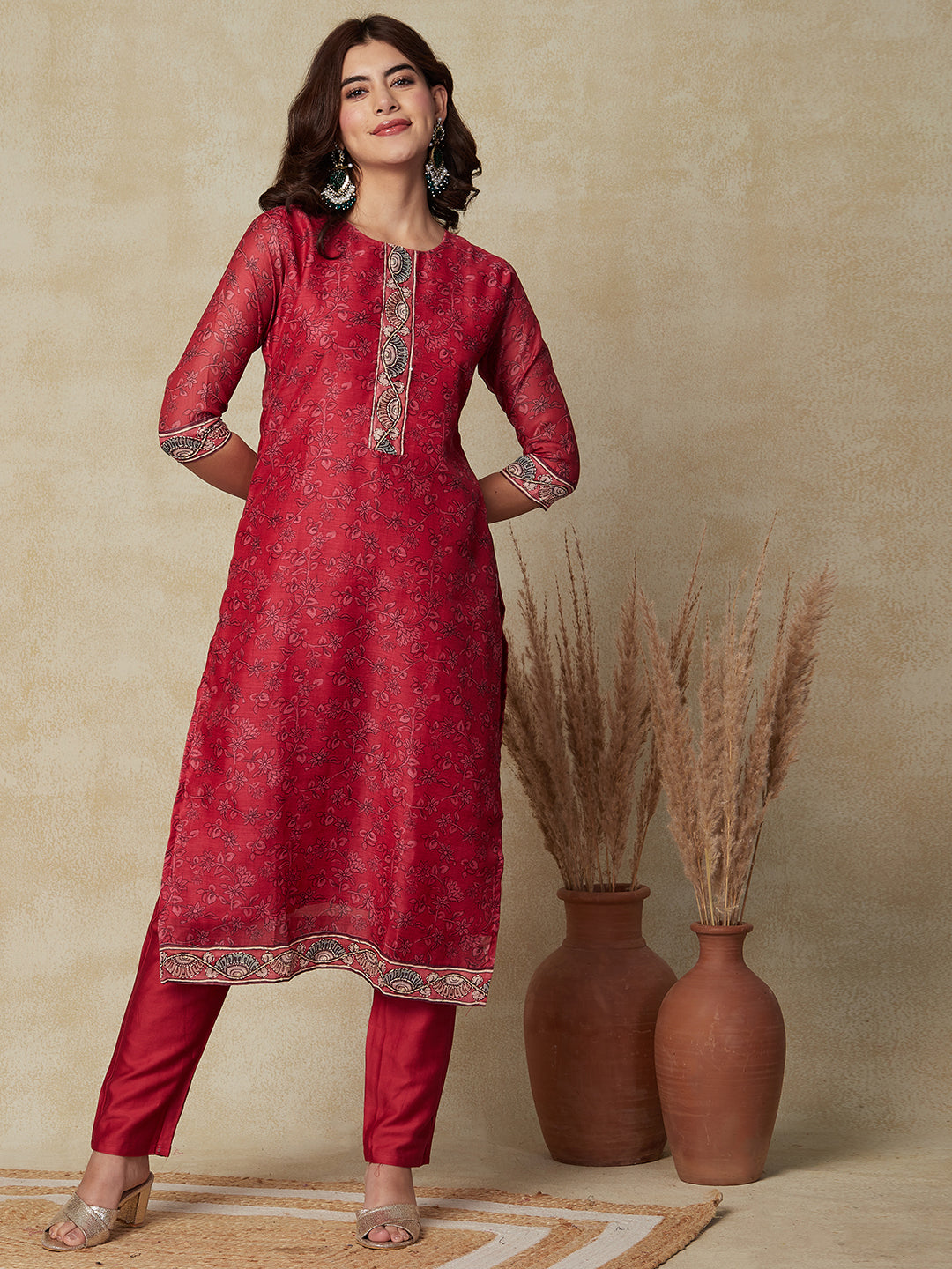 Floral Printed & Embroidered Straight Fit Kurta with Pant & Dupatta - Red