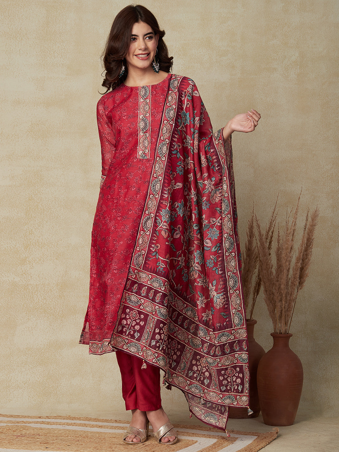 Floral Printed & Embroidered Straight Fit Kurta with Pant & Dupatta - Red