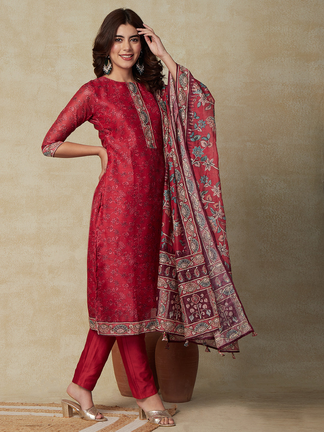 Floral Printed & Embroidered Straight Fit Kurta with Pant & Dupatta - Red