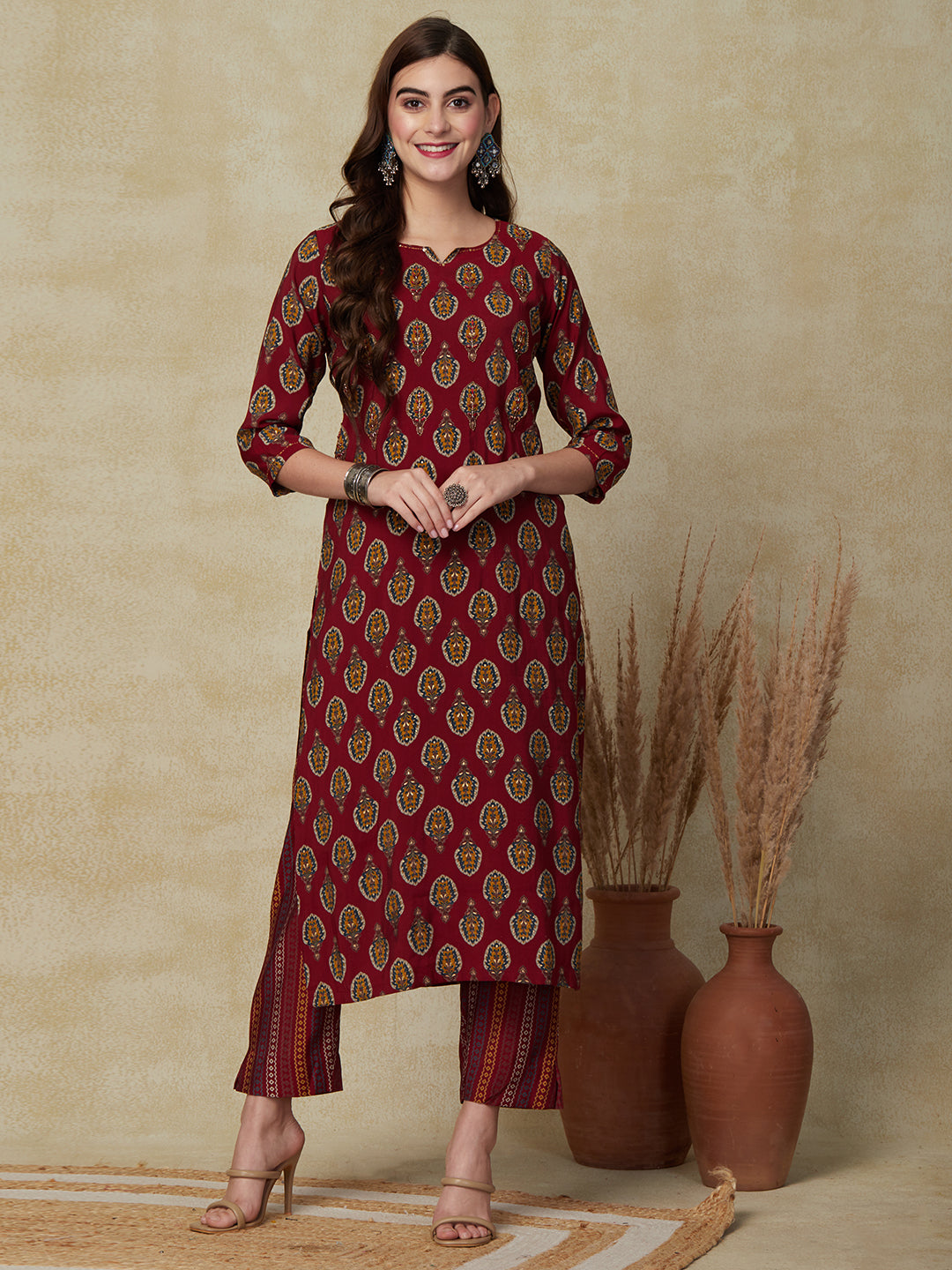 Ethnic Printed Cutdana & Sequins Embroidered Kurta With Pants & Dupatta - Maroon