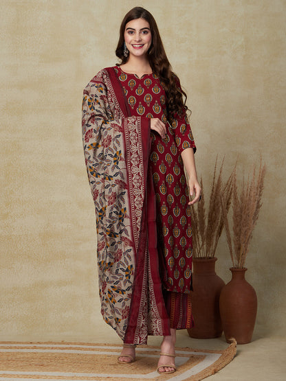 Ethnic Printed Cutdana & Sequins Embroidered Kurta With Pants & Dupatta - Maroon