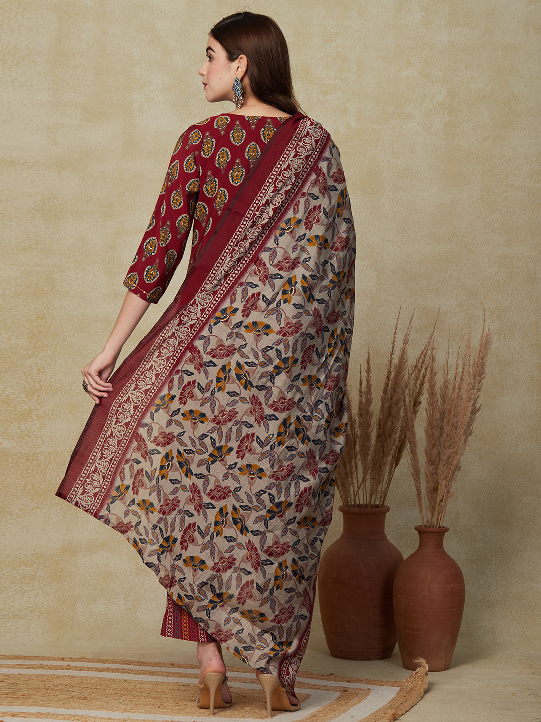 Ethnic Printed Cutdana & Sequins Embroidered Kurta With Pants & Dupatta - Maroon