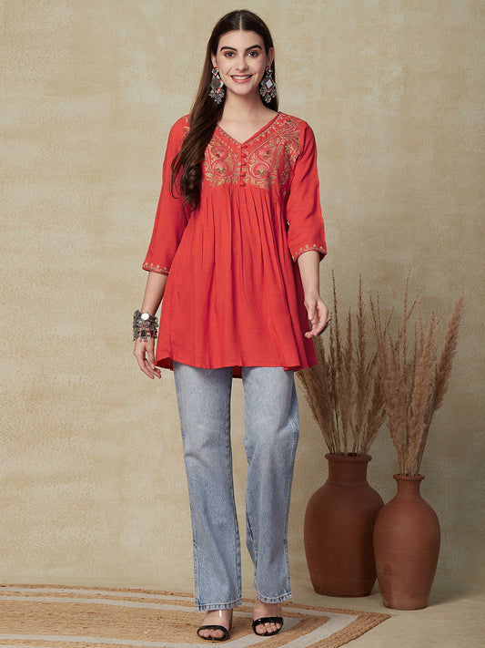 Floral Embroidered A-Line Flare Kurti - Orange