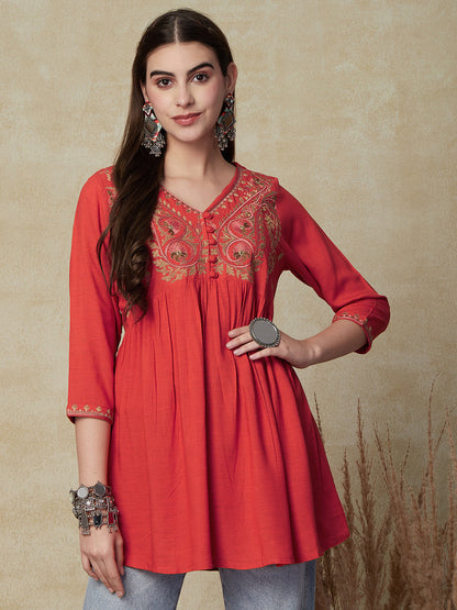 Floral Embroidered A-Line Flare Kurti - Orange