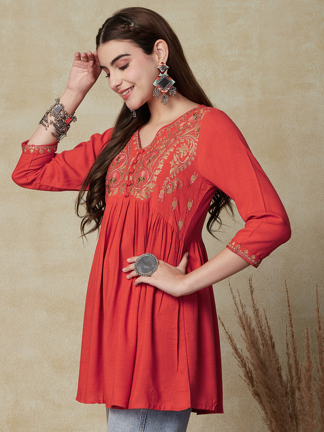 Floral Embroidered A-Line Flare Kurti - Orange