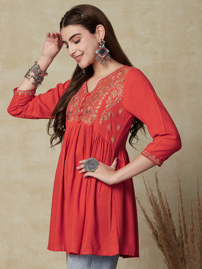 Floral Embroidered A-Line Flare Kurti - Orange