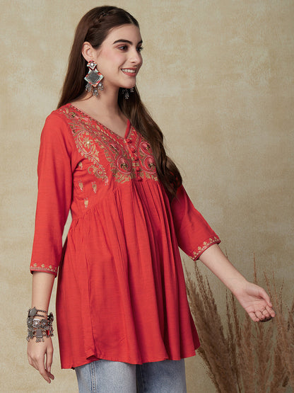 Floral Embroidered A-Line Flare Kurti - Orange