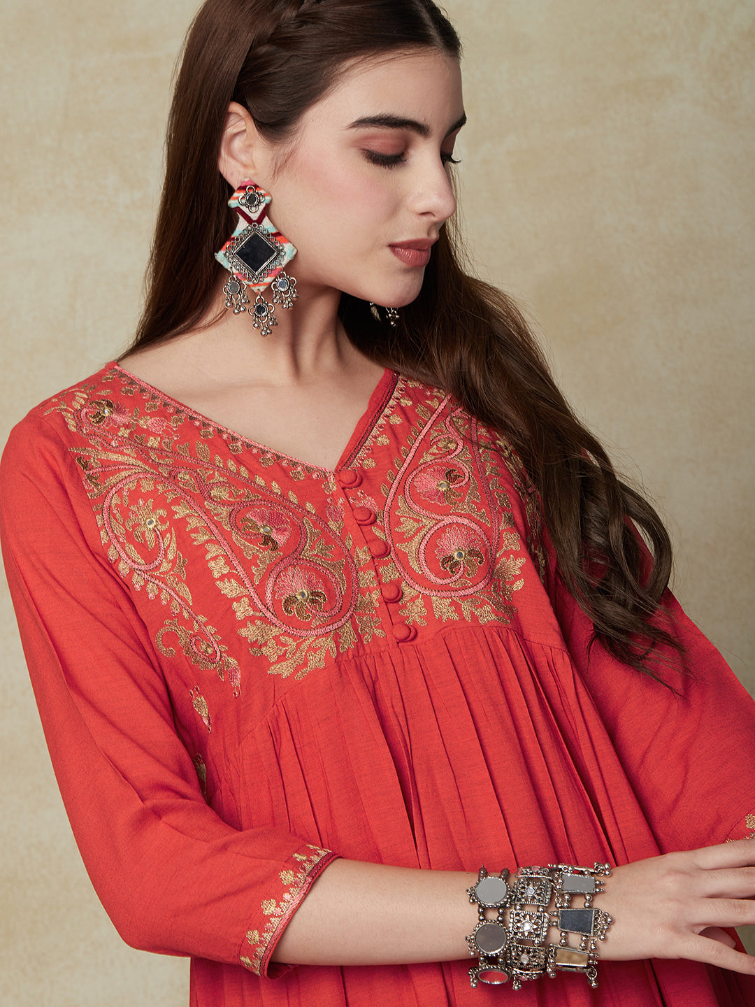 Floral Embroidered A-Line Flare Kurti - Orange