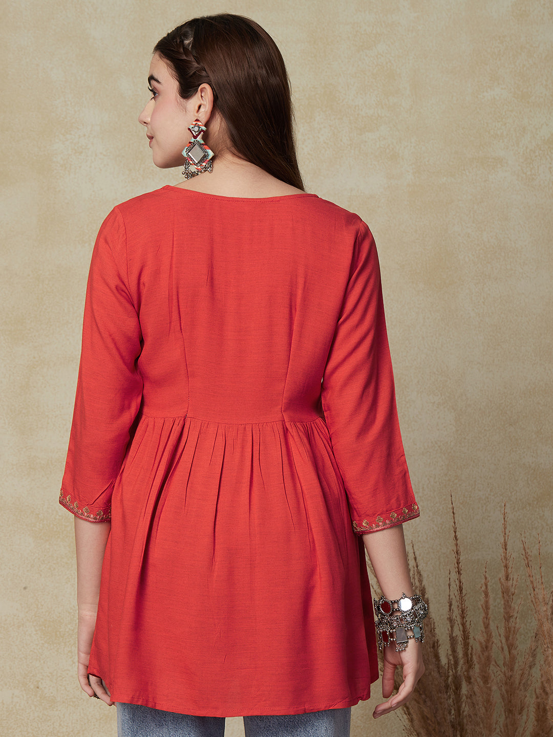 Floral Embroidered A-Line Flare Kurti - Orange