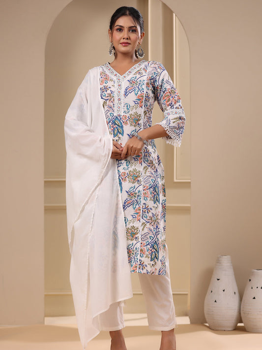 Ethnic Floral Printed Straight Fit Kurta with Pant & Dupatta - White