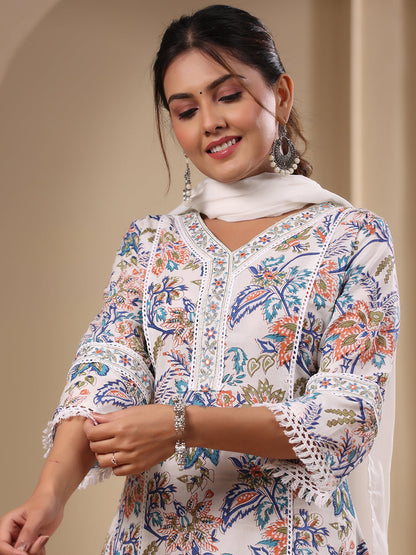 Ethnic Floral Printed Straight Fit Kurta with Pant & Dupatta - White