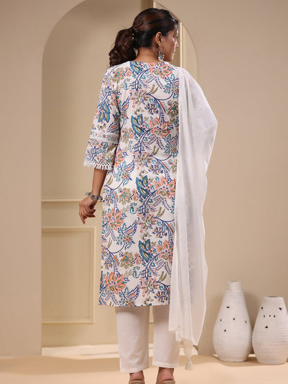 Ethnic Floral Printed Straight Fit Kurta with Pant & Dupatta - White