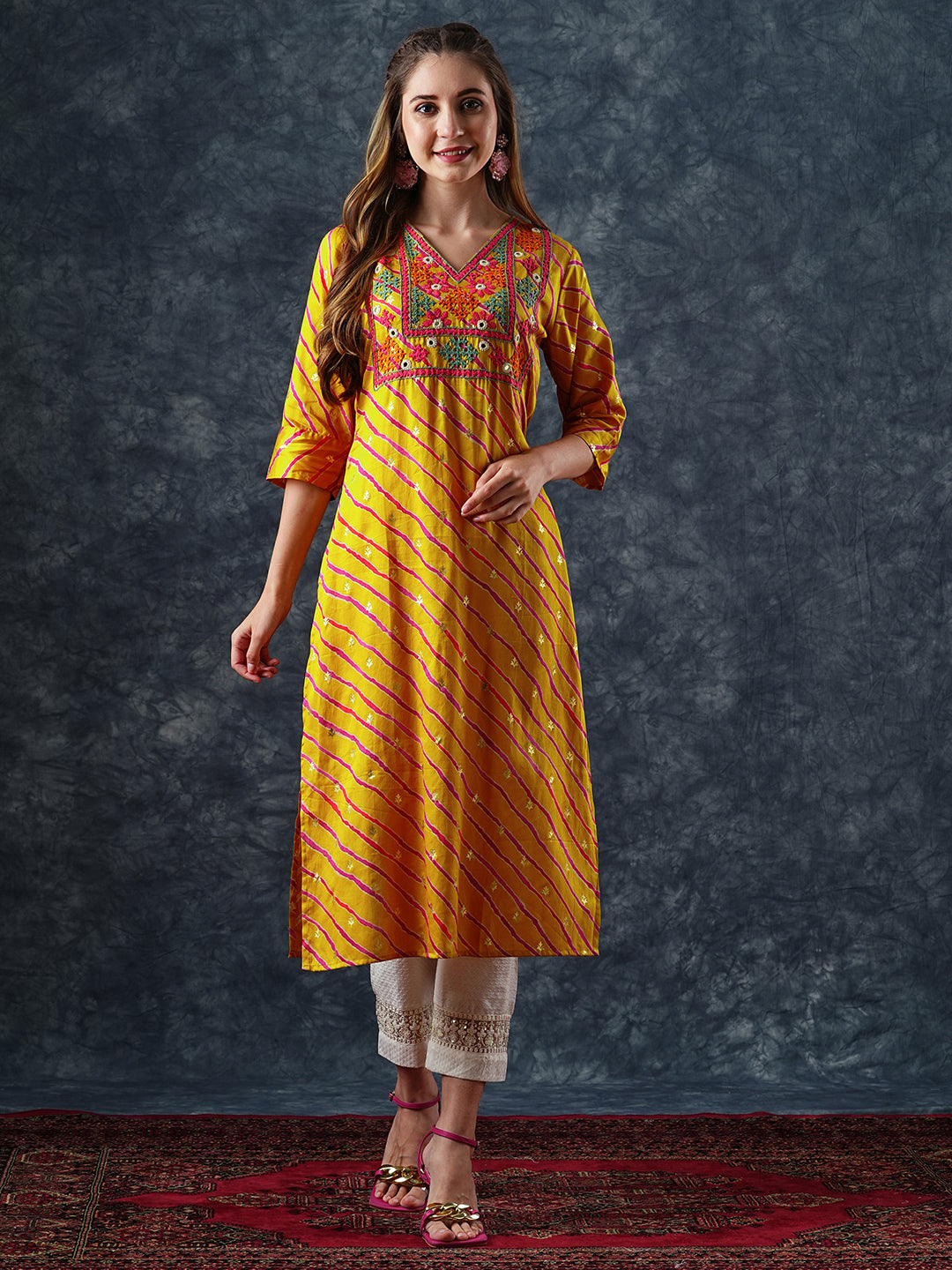 Lehriya Printed Mirror & resham Hand Embroidered Kurta - Yellow