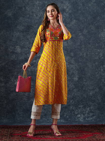 Lehriya Printed Mirror & resham Hand Embroidered Kurta - Yellow