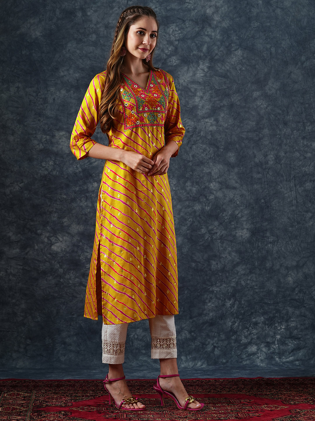 Lehriya Printed Mirror & resham Hand Embroidered Kurta - Yellow