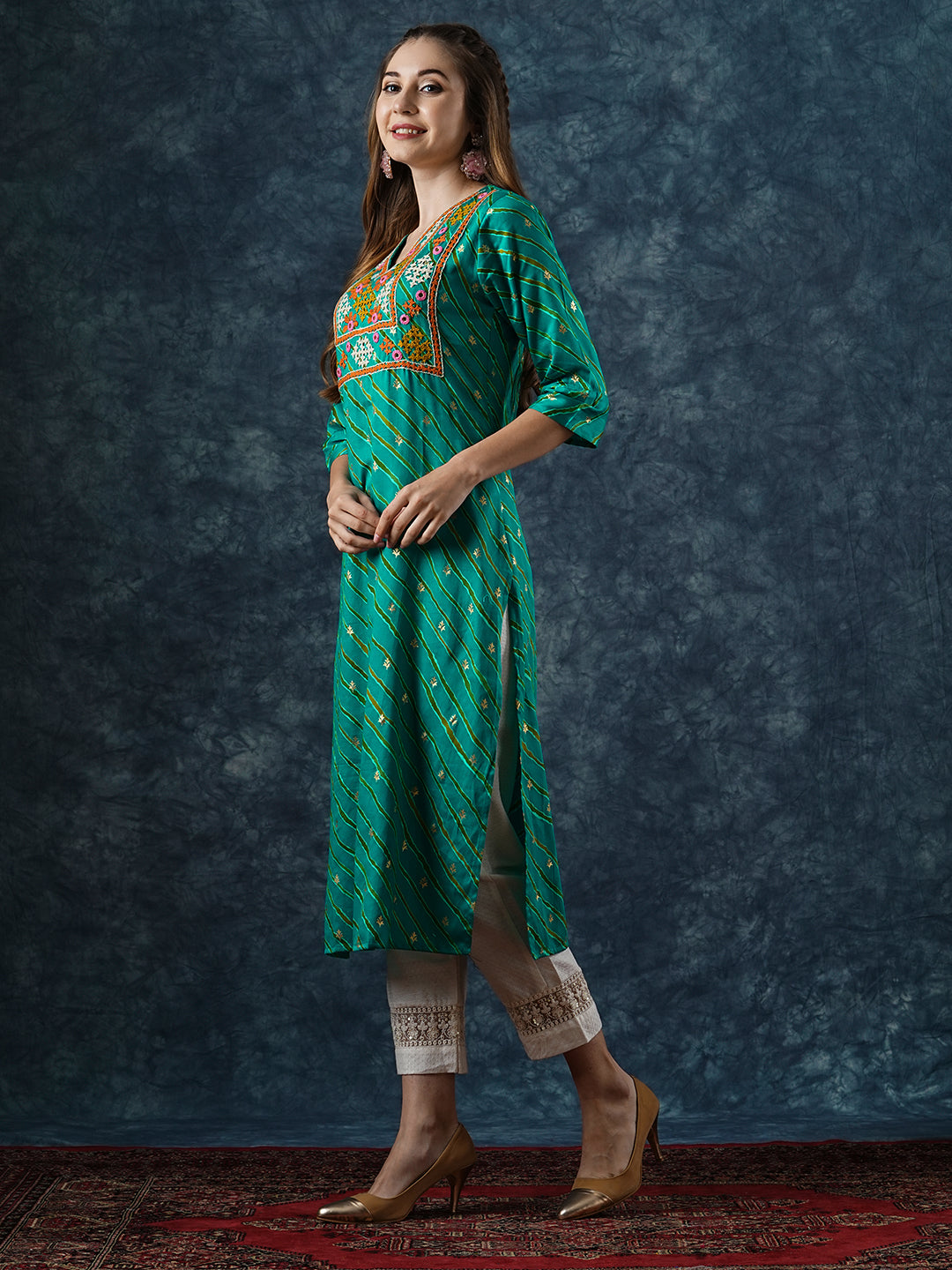 Lehriya Printed Mirror & resham Hand Embroidered Kurta - Sea Green