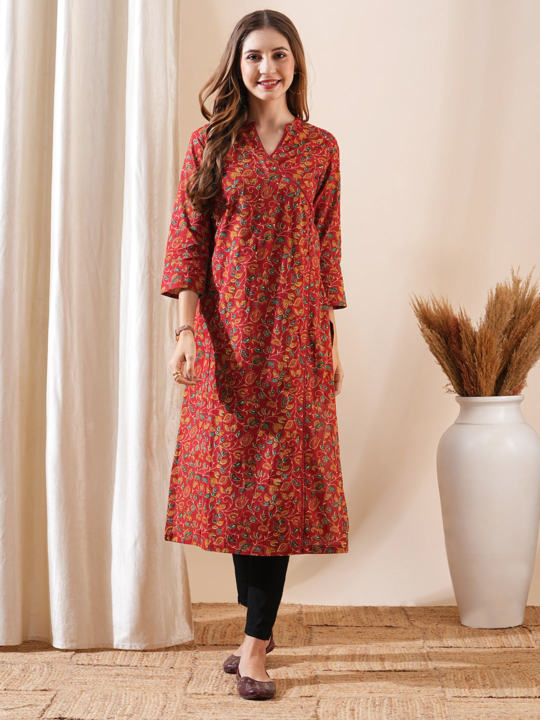 Floral Block Printed Sequins & Crochet Lace Embellished Angrakha Style Kurta - Red