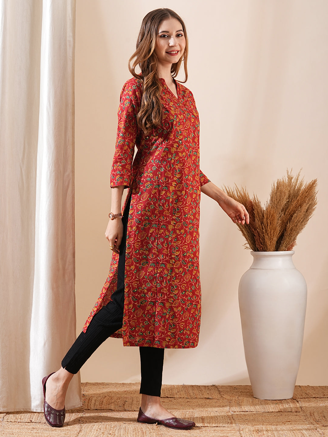 Floral Block Printed Sequins & Crochet Lace Embellished Angrakha Style Kurta - Red