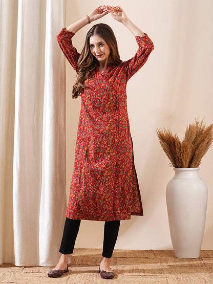 Floral Block Printed Sequins & Crochet Lace Embellished Angrakha Style Kurta - Red