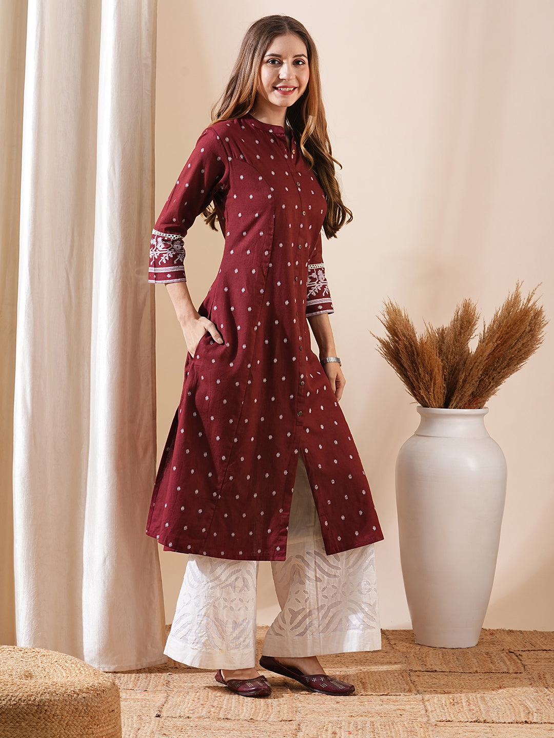 Abstract Printed Wooden Buttoned Lace Embellished Kurta - Maroon