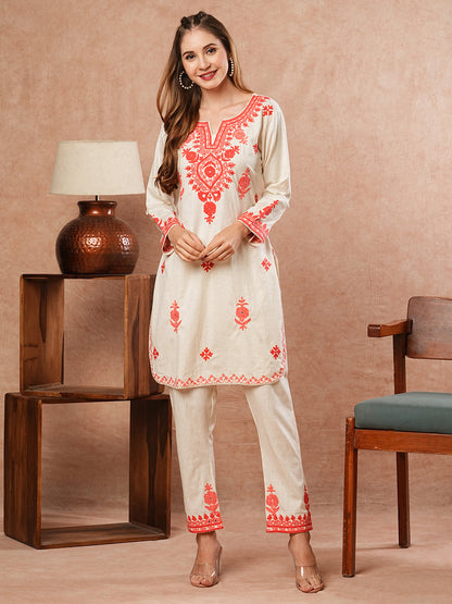 Solid Resham & Mirror Aari Embroidered Kurti with Pants - Off White