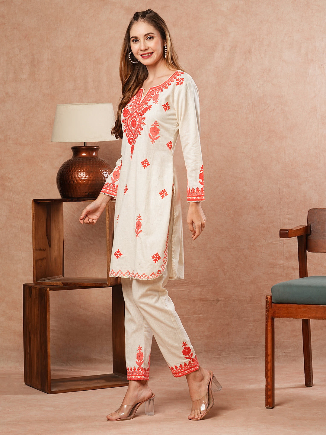 Solid Resham & Mirror Aari Embroidered Kurti with Pants - Off White