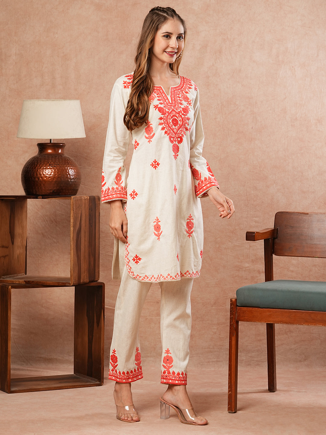 Solid Resham & Mirror Aari Embroidered Kurti with Pants - Off White